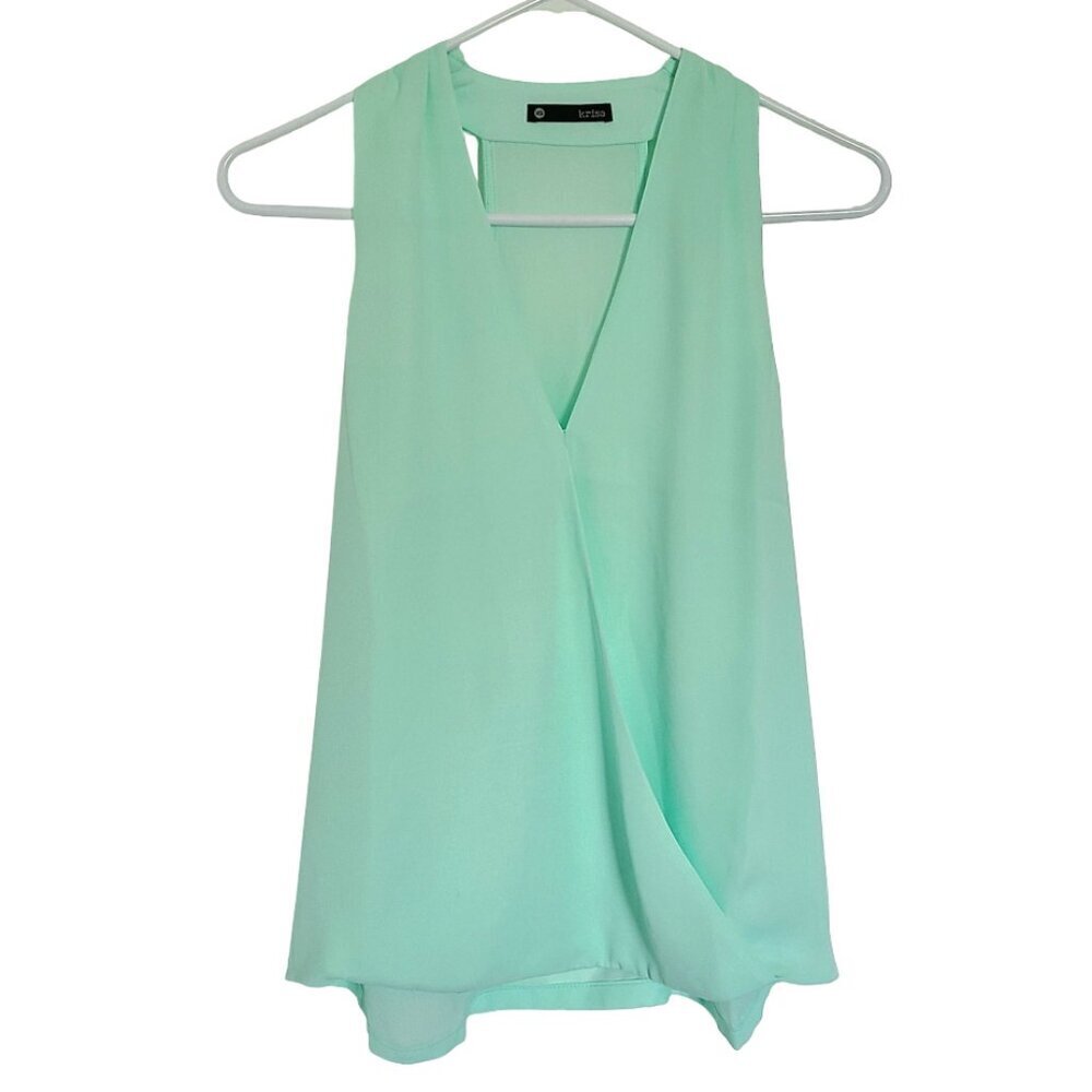 Krisa Seafoam Green Sleeveless Top Womens XS Faux Wrap Detail Tank Trendy Flowy
